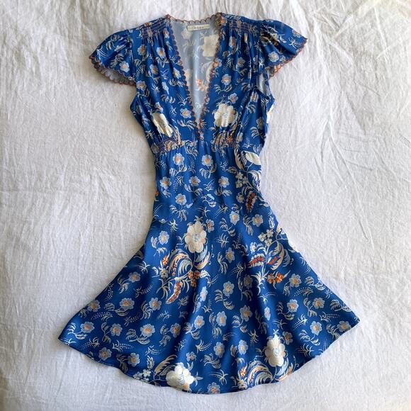 Doen Dianne Silk V Neck Puff Short Sleeve Mini Dress Blue Azure Hollyhock Hills - Picture 8 of 16